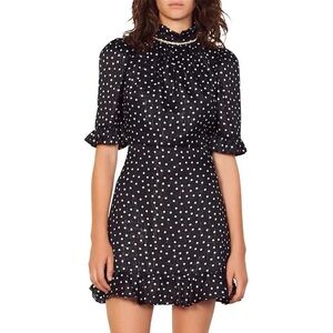 Sandro Embellished Polka Dot Short Sleeve Dark Blue And White Mini Dress